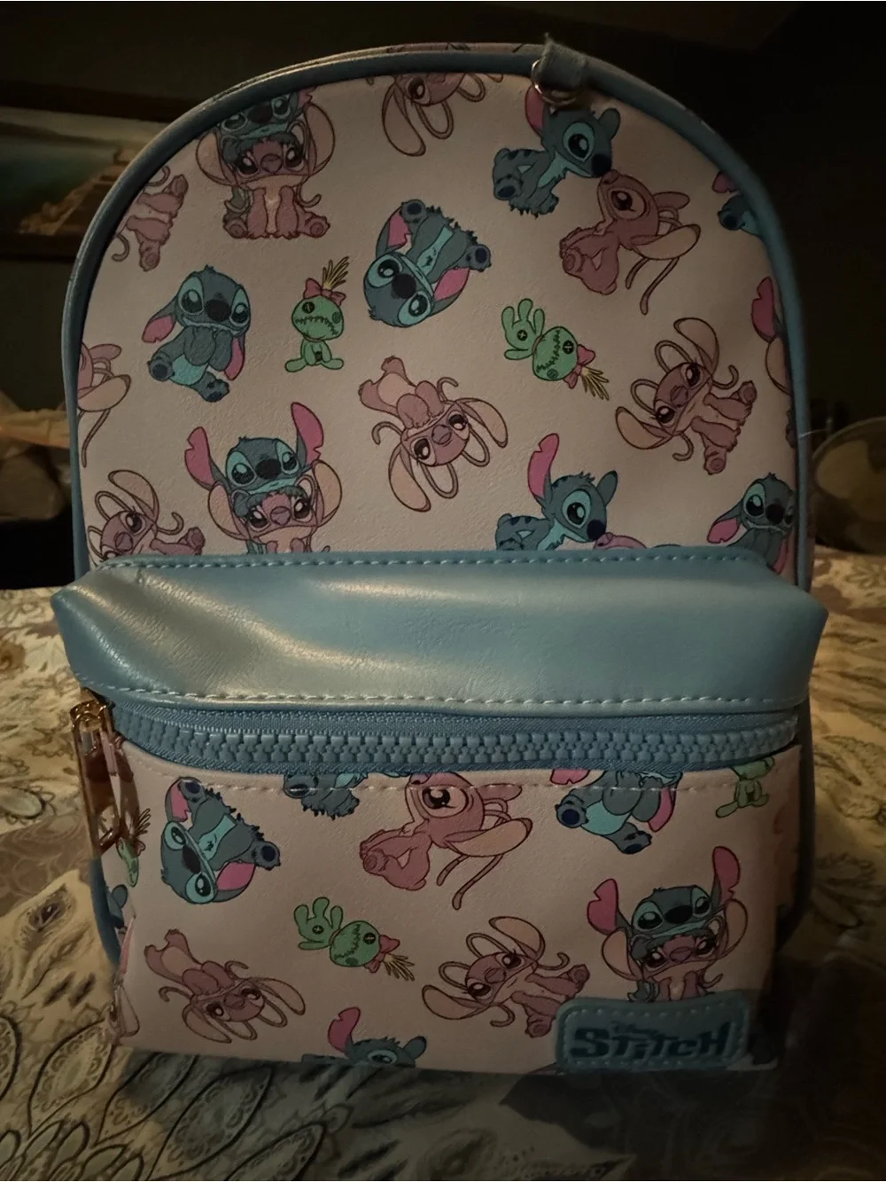Disney Stitch & Angel All-Over Print Mini Backpack Faux Leather Blue/Pink